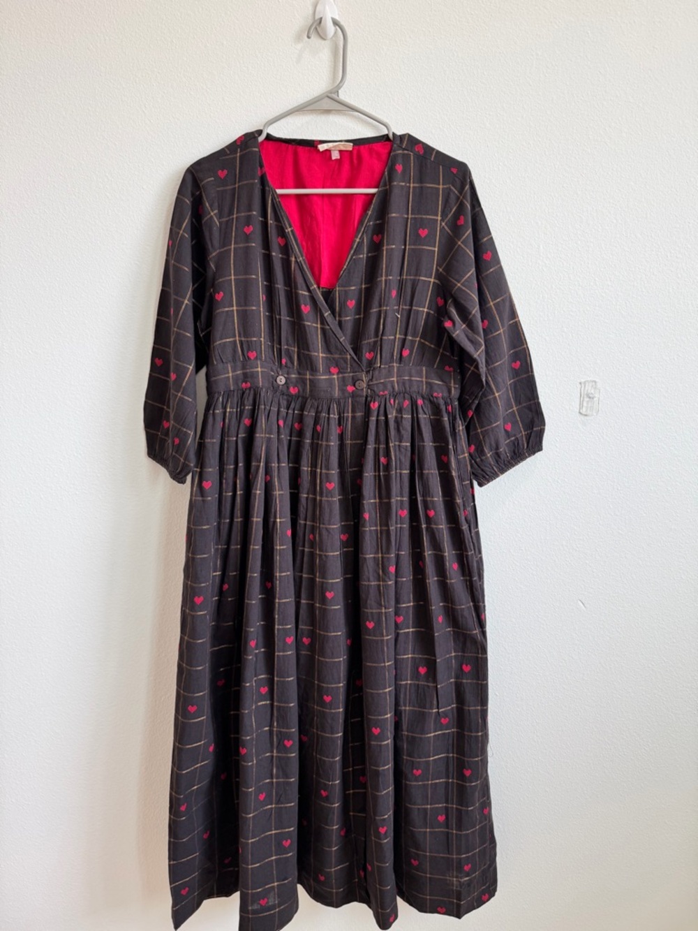 Brown & Pink Heart-Print Wrap Midi Dress size - Medium